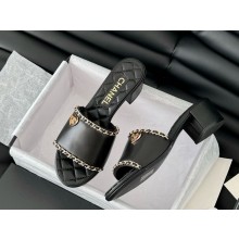 Chanel calfskin with chain high-heeled slippers black 2025