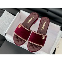 Chanel velvet with chain slippers burgundy 2025