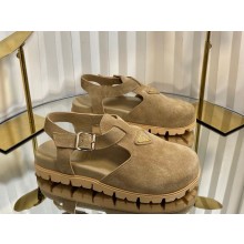 Prada Fussbett Suede Buckle Clogs with signature logo triangle beige 2025