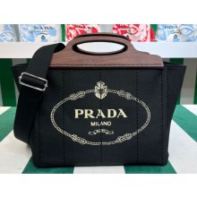 Prada Small Tote Bag in Canvas and Wood 1BG350 Black 2023