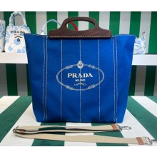 Prada Medium Tote Bag in Canvas and Wood 1BG349 Blue 2023