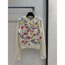 dior White Cashmere Knit with Red Multicolor Florilegio Motif 2023