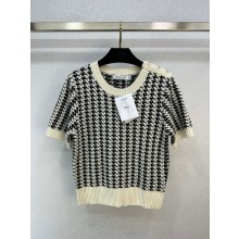 dior Black and White Houndstooth Technical Cotton Knit Short-Sleeved Sweater 2023
