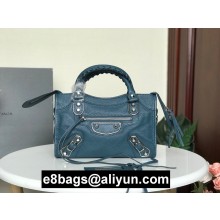 BALENCIAGA SHEEPSKIN CLASSIC METALLIC SILVER EDGE MINI CITY BAG NAVY BLUE