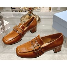 Prada Perforated Leather Buckle Heeled Loafers brown 2025