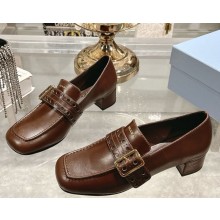 Prada Perforated Leather Buckle Heeled Loafers coffee 2025