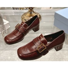 Prada Perforated Leather Buckle Heeled Loafers burgundy 2025