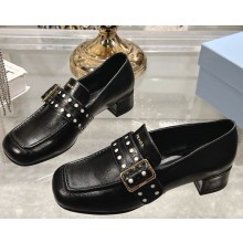 Prada Perforated Leather Buckle Heeled Loafers black 2025