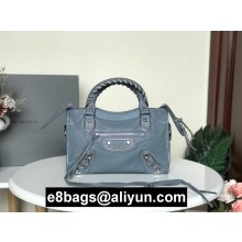BALENCIAGA SHEEPSKIN CLASSIC METALLIC SILVER EDGE MINI CITY BAG GRAY BLUE