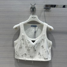 prada Embroidered ribbed knit jersey top white 2023
