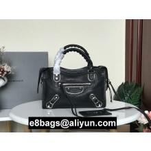 BALENCIAGA SHEEPSKIN CLASSIC METALLIC SILVER EDGE MINI CITY BAG BLACK