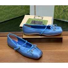 Gucci Satin Horsebit Ballet Flats with Bow blue 1118-2024