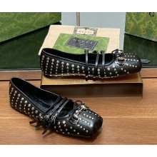 Gucci Leather Horsebit Ballet Flats with Bow and rivets Black 1118-2024