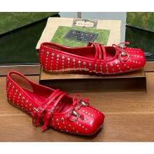 Gucci Leather Horsebit Ballet Flats with Bow and rivets red 1118-2024