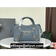 BALENCIAGA SHEEPSKIN CLASSIC METALLIC GOLD EDGE MINI CITY BAG GRAY BLUE