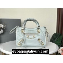 BALENCIAGA SHEEPSKIN CLASSIC METALLIC GOLD EDGE MINI CITY BAG BABY BLUE