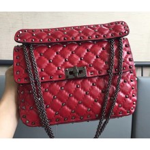 Valentino Rhombus Rockstud Spike Medium Chain Shoulder Bag Crinkled Red