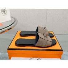 Hermes Giulia FLAT sandal in calfskin suede gray 2023