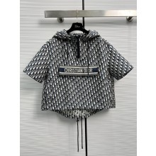 DIOR Blue and Ecru Technical Taffeta Jacquard with Dior Oblique Motif Hooded Anorak 2023