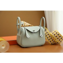 Hermes Mini Lindy 19cm Bag in original  taurillon clemence leather gris neve with silver hardware(handmade)