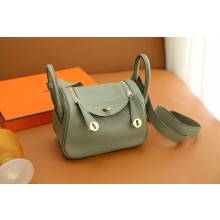 Hermes Mini Lindy 19cm Bag in original  taurillon clemence leather sauge with gold hardware(handmade)