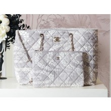 CHANEL gray& White Printed Denim & Gold-Tone Metal Shopping Bag AS5429 2025