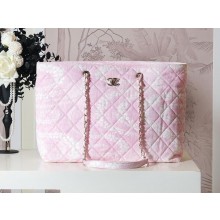 CHANEL Light Pink & White Printed Denim & Gold-Tone Metal Shopping Bag AS5429 2025