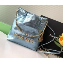 Chanel Crinkled Calfskin & Gold-Tone CHANEL 22 Mini Handbag AS3980 Metallic Blue 2024