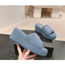 Chanel Platform CC Logo Shearling slippers blue 2024