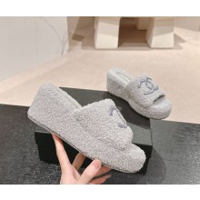 Chanel Platform CC Logo Shearling slippers grey 2024