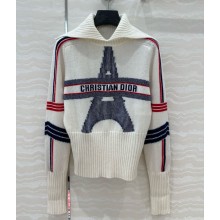DiorAlps Mock-Neck Sweater White Wool and Cashmere Knit with Three-Tone Eiffel Tower Motif 2024