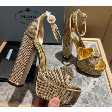 Prada Heel 13.5cm leather platform sandals 1XP48B Metallic Gold with crystals 2023
