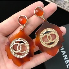 Chanel Resin Maple Leaf Pendant Earring Brown/Gold 2018