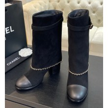 Chanel Heel 6.5cm Calfskin Chain medium Boots Suede black 1026-2024