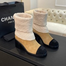 Chanel socks ankle boots in suede leather heel 6cm beige/black 2024