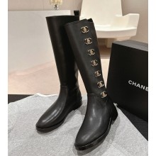 Chanel Black Leather CC Turn Lock Knee High Boots 1025-2024