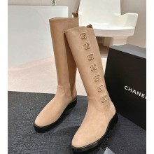 Chanel Beige suede Leather CC Turn Lock Knee High Boots 1025-2024