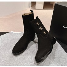 Chanel Black suede Leather CC Turn Lock Knee ankle Boots 1025-2024