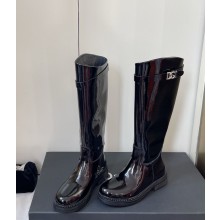 Dolce & Gabbana Logo Plaque Round Toe Leather Boots Patent Black 2024