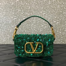 Valentino Locò Small Shoulder Bag in 3D Sequins Embroidery bamboo green 2023
