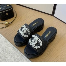 Chanel platform knit slippers with pearl CC logo black 1129-2024