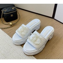 Chanel platform knit slippers with pearl CC logo white 1129-2024