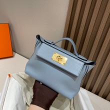 HERMES 24/24 MINI KELLY BAG IN evercolor/swift LEATHER blue(full handmade)