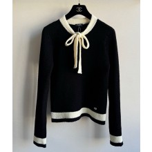 Chanel Bow Tie Neck Contrast Tipped Sweater black 2025