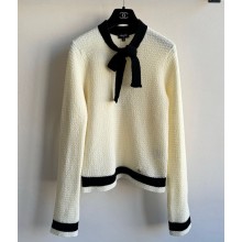 Chanel Bow Tie Neck Contrast Tipped Sweater white 2025
