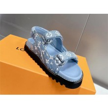 Louis Vuitton Paseo Flat Comfort Sandal in relaxed Monogram denim 2023