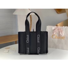 chloe medium Woody tote bag in Recycled nylon with Chloé logo black 2024
