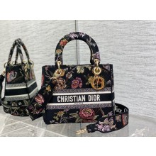 Dior Medium Lady D-Lite Bag in Black Multicolor Jardin Botanique Embroidery 2022