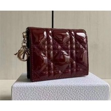 dior Burgundy Patent Cannage Calfskin Mini Lady Dior Wallet 