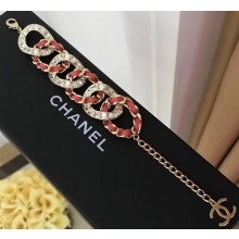 Chanel Leather and Crystal Interlock Bracelet Red/Gold 2018